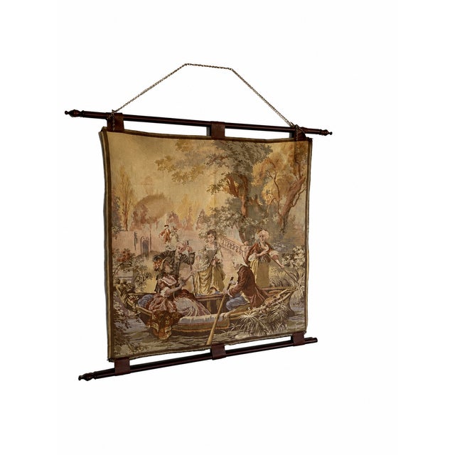 Vintage French Pastoral Tapestry Wall Hanging With Wooden Rods, Mid 20th Century For Sale In Las Vegas - Image 6 of 9