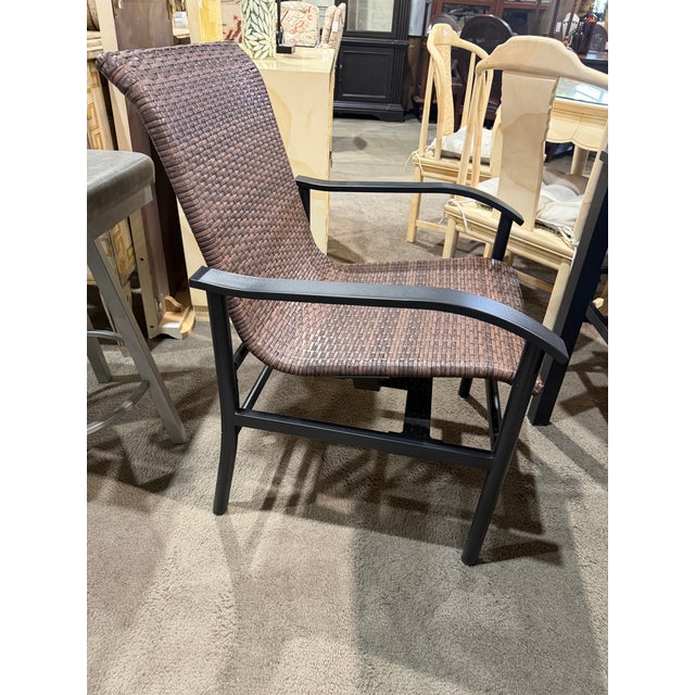 2020s Woodgrain Tile Top Patio Table Dining Set - Six Chairs For Sale - Image 5 of 7