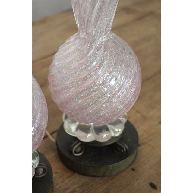 1950s Barovier Toso Murano Glass Lamp Pair With Pleated White Shades For Sale - Image 9 of 18