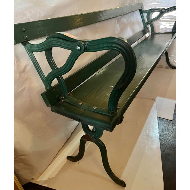1950s Vintage Hudson Valley Cast Iron Base Wood Railroad Bench Flip Back For Sale - Image 5 of 11