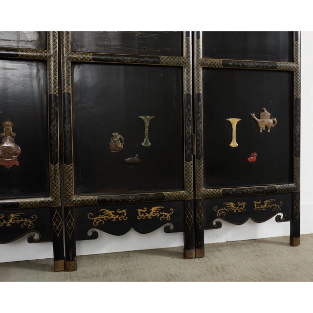 Chinese Export Four Panel Carved Soapstone Coromandel Screen For Sale - Image 9 of 12