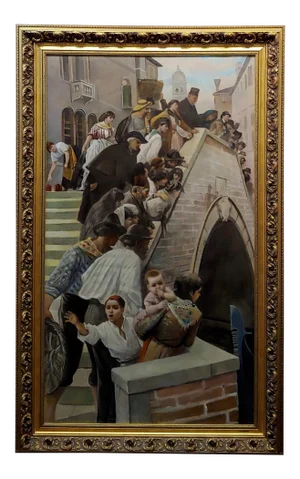 Scaratti -19th Century Venetian Scene Crowd of People on the Bridge-Oil Painting