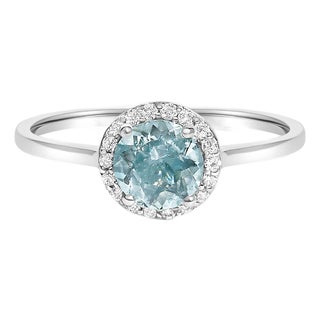 10K White Gold Blue Aquamarine and 1/10 Cttw Diamond Halo Ring For Sale