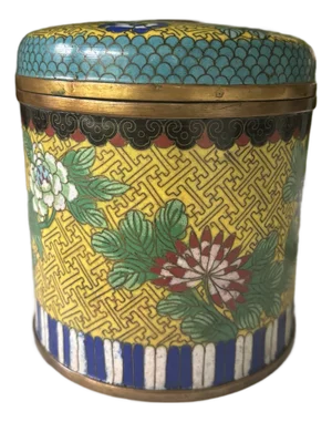 Antique Chinese Chinoiserie Cloisonné Enamel Lidded Jar / Tea Caddy - Yellow Ground With Lotus & Peony - Turquoise Interior