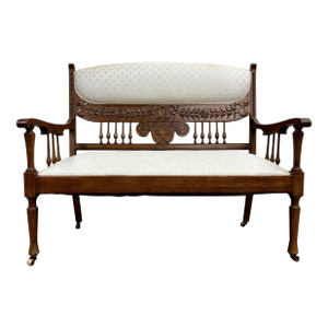 Antique Carved Spindle Back Carved Upholstered Settee