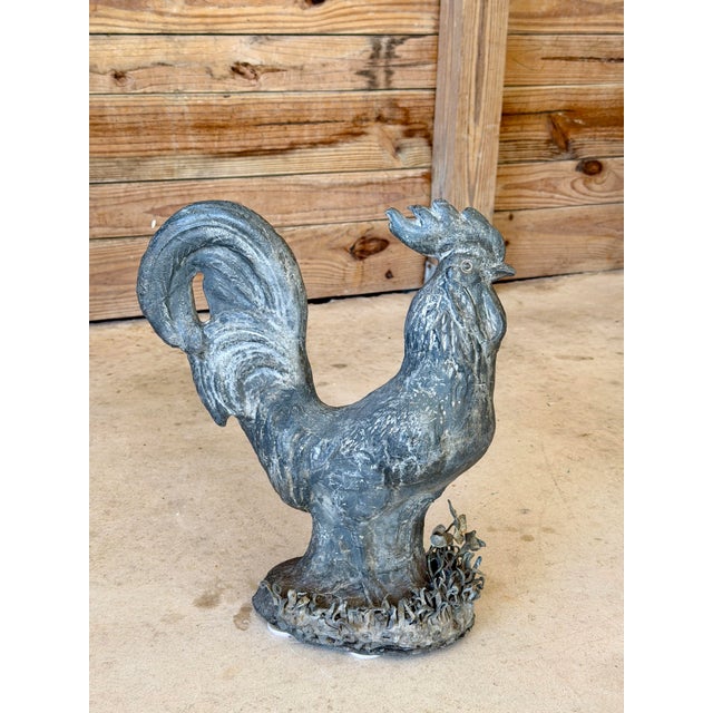Vintage French Style Cast Iron Rooster Garden Statue With Wrought Iron Floral Base For Sale - Image 11 of 12