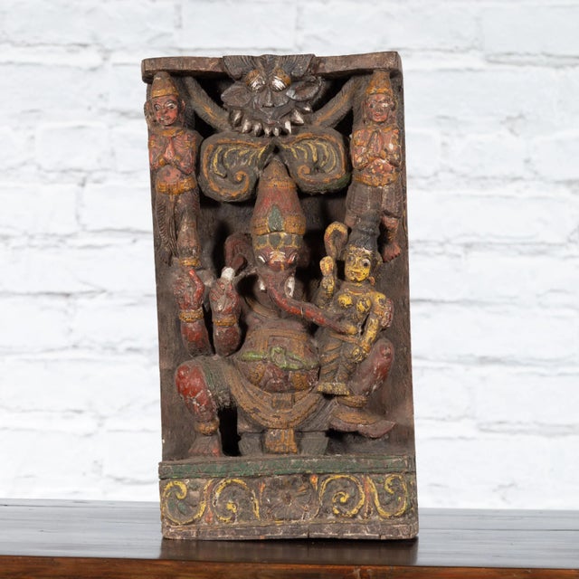 19th Century Indian Multicolor Ganesha with Consort Temple Carving For Sale - Image 11 of 12
