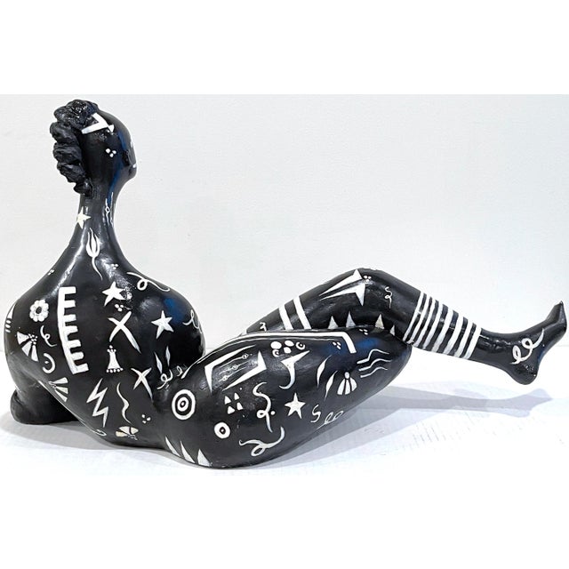 Tribal Modern Black & White Sculpture of a Reclining Tribal Tattooed African Queen For Sale - Image 3 of 12