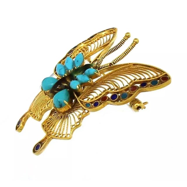 Contemporary Late 20th Century Filigree Butterfly Turquoise & Multi-Color 18k Yellow Gold Enamel Brooch For Sale - Image 3 of 3