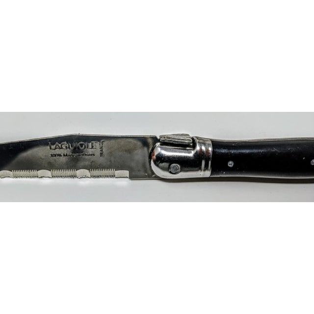 French Modern Jean Dubost Laguiole Handmade Stainless Steel and Ebony Black Resin Steak Knives - Set of 6 For Sale - Image 9 of 13