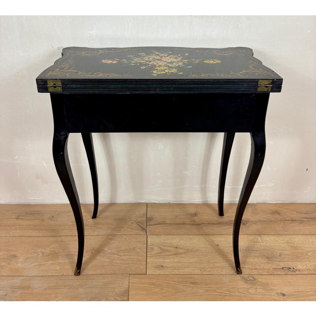 Chinese Black Lacquer Games Table with Hand-Painted Floral Decoration For Sale - Image 10 of 18