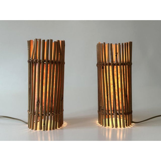 Contemporary Vintage Bamboo Bedside Table Lamps by Louis Sognot, Germany, 1980s, Set of 2 For Sale - Image 3 of 18