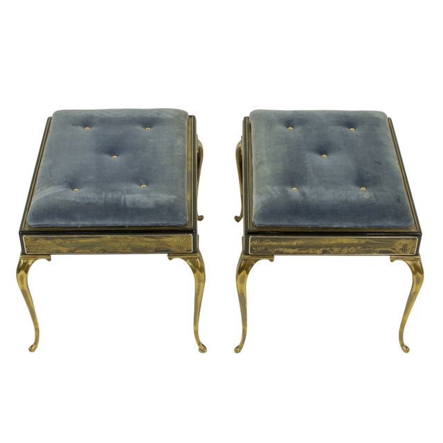 Chinoiserie Rare Pair of Bernhard Rohne for Mastercraft Brass & Velvet Stools by William Doezema, 1970s For Sale - Image 3 of 4
