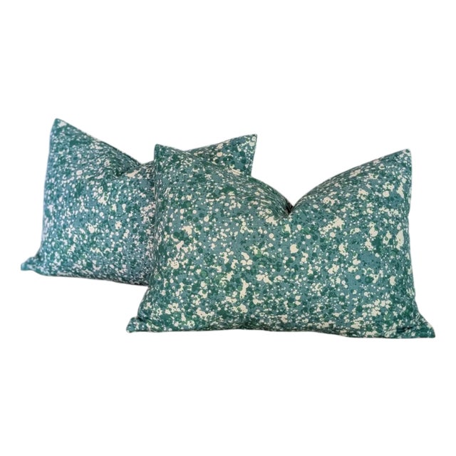 Turquoise Splatter Print Lumbar Pillows - Set of 2 For Sale