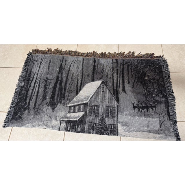 Rustic Vintage Winter Reindeer & Sleigh Woven Tapestry Throw With Fringe For Sale - Image 3 of 15