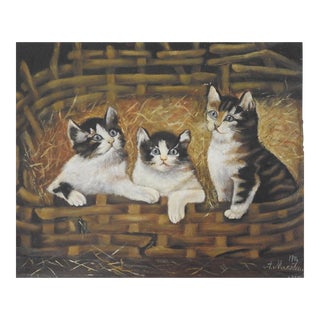 1904 Folk Art Cats Kittens in Basket Painting For Sale