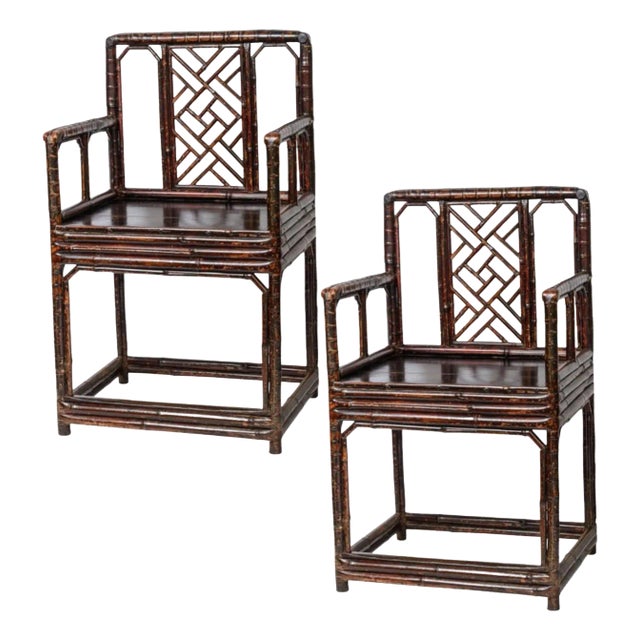 19Th C. Pair Chinese Dark Tortoiseshell Bamboo Armchairs Early For Sale