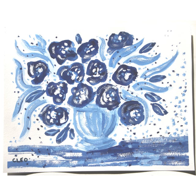 Abstract Still Life Flowers Navy Blue White Abstract Expressionist Impressionist Original Painting by Cleo Plowden For Sale - Image 3 of 4
