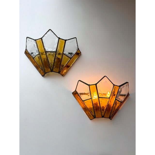 Mid-Century Modern Pair of Hammered Glass Wrought Iron Sconces by Longobard, Italy, 1970s For Sale - Image 3 of 12