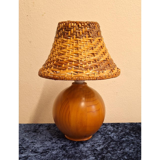 Vintage Table Lamp with Yew Wood Base and Wicker Shade, 1980s, in Very Good conditions. Designed 1980 to 1989 European...