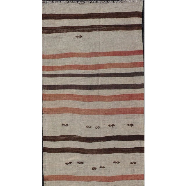Mid 20th Century Vintage Turkish Kilim Runner With Stripes in Cream Brown & Soft Coral Color For Sale In Atlanta - Image 6 of 11