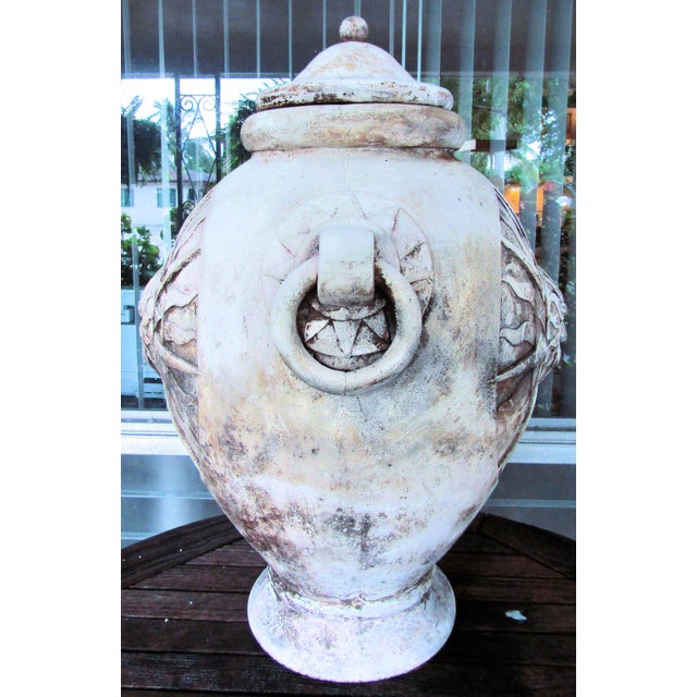 Ceramic Vintage Large Outdoor Pottery Lidded Urn With Sun Motif and Faux Handles For Sale - Image 7 of 12