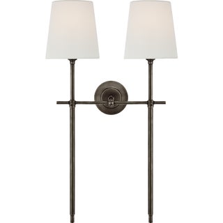 Thomas O'Brien for Visual Comfort Signature Bryant Large Double Tail Sconce in Bronze with Linen Shades For Sale