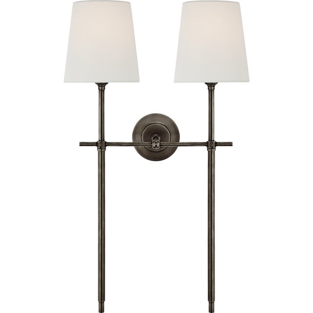 Thomas O'Brien for Visual Comfort Signature Bryant Large Double Tail Sconce in Bronze with Linen Shades For Sale