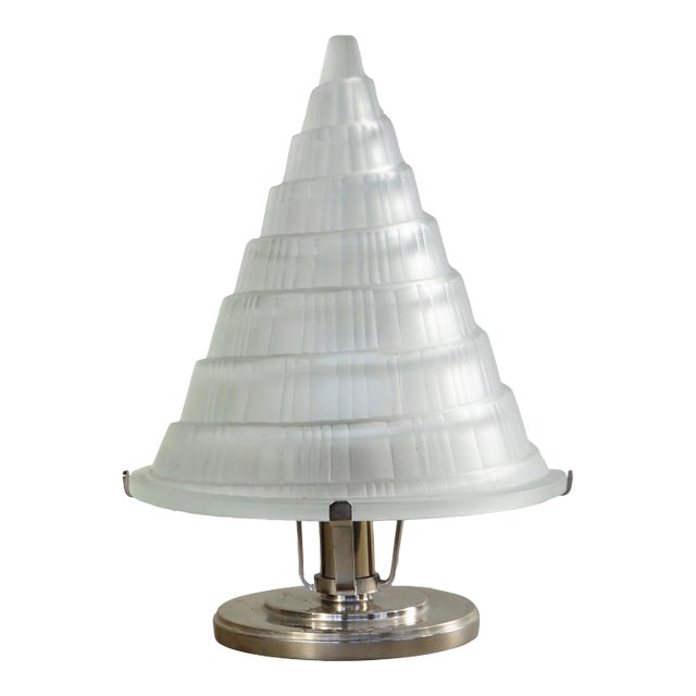 French Art Deco Table Lamp by Marius Sabino - 1930s Stepped Conical Frosted Glass For Sale
