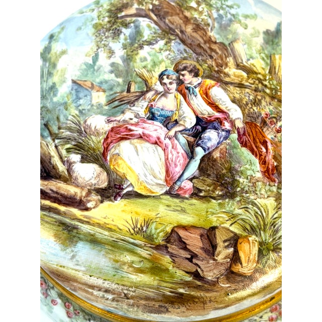 19th C. French Limoges Enamel Dresser Box with Rococo Pastoral Scenes An elegant late 19th-century French enamel dresser...