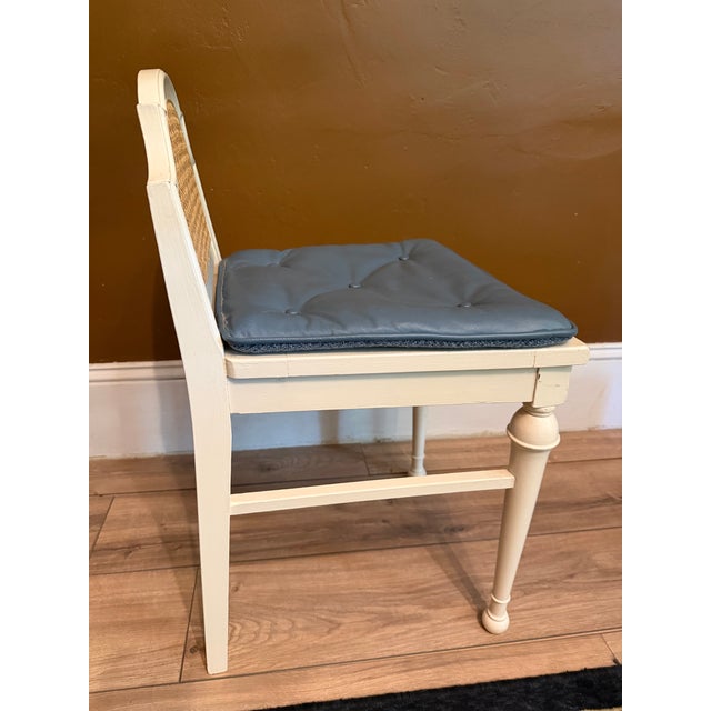 1950s Vintage Cane and Wood Vanity Chair With Custom Blue Leather Tufted Cushion For Sale - Image 5 of 15