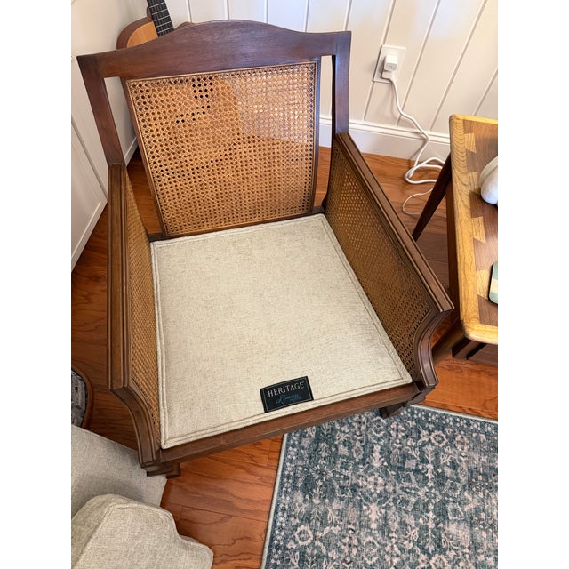 Vintage Drexel Heritage Lineage Collection Cane Lounge Chair With New Neutral Upholstery For Sale In Charleston - Image 6 of 9