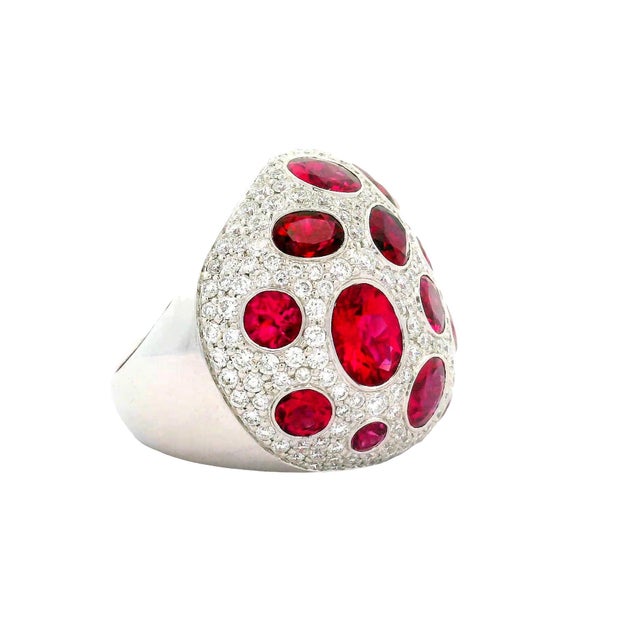 Rubellite Tourmaline Diamond 18k White Gold Dome Cocktail Ring, Size 6.75 For Sale In Los Angeles - Image 6 of 8