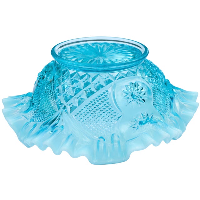 Baby Blue Mid 20th Century Handmade Americana Blue-Opalescent Glass-Cut Ruffled Bowl For Sale - Image 8 of 8