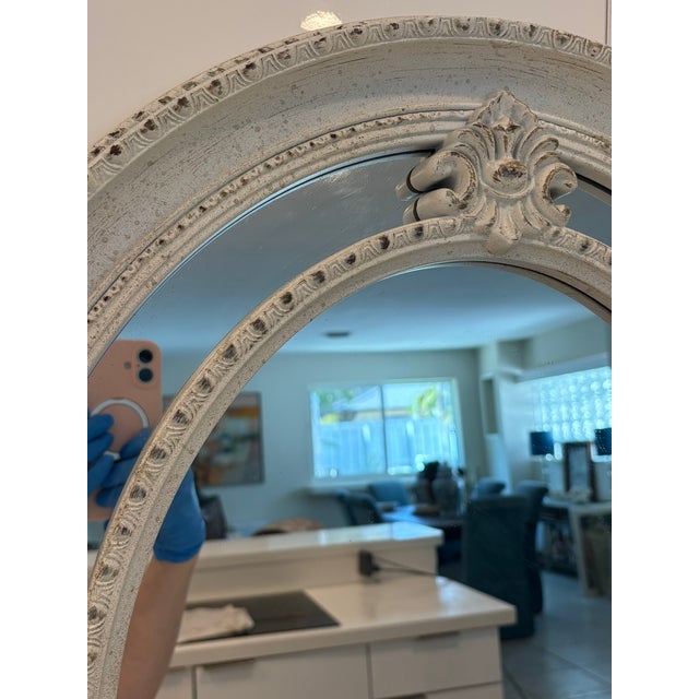 Baroque Oval Wall Mirror in Distressed White For Sale - Image 12 of 14