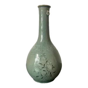 Korean Celadon Ceramic Long Neck Bottle Vase with Slip Inlay Goryeo Dynasty