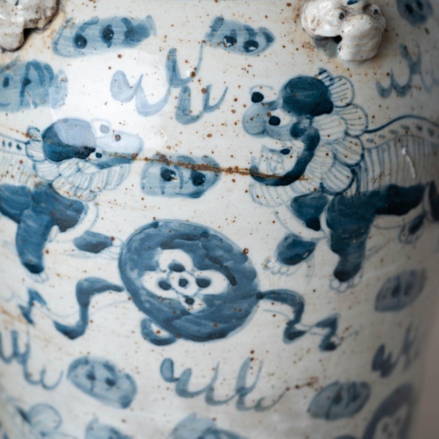 Blue Pair of Chinese Blue and White Glazed Jars With Foo Dog Lid Finials For Sale - Image 8 of 14