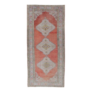 Vintage Turkish Oushak Gallery Runner in Coral, Grey, Green, Lavender, Yellow For Sale