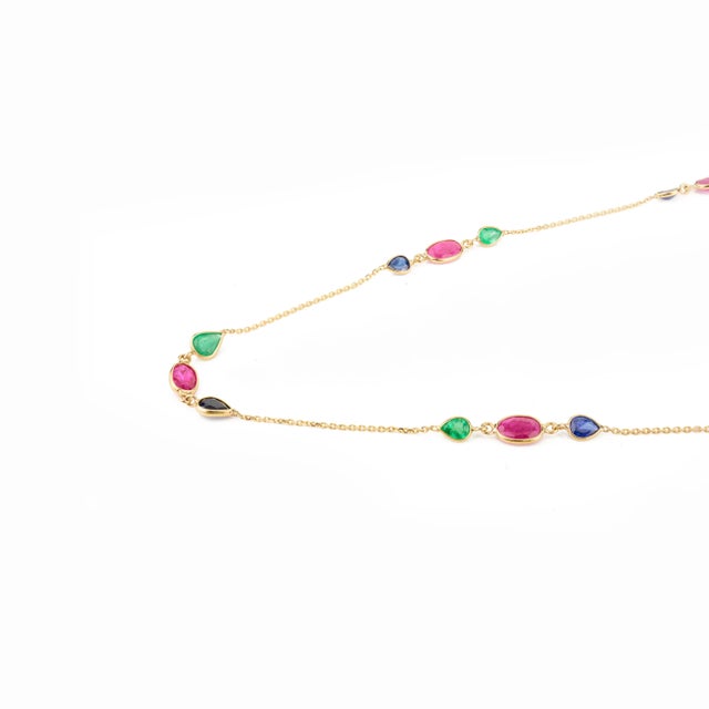 18k Yellow Gold Emerald Ruby & Sapphire Beaded Necklace for Women For Sale In New York - Image 6 of 15