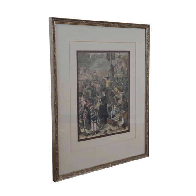 Framed antique hand colored wood engraving depicting "The Fair of St Cloud Near Paris" by Felix Regamey, showing a crowded...