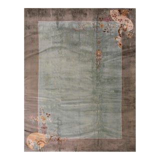 1920s Aqua Floral Modern Antique Chinese Art Rug 9' 0'' X 11' 4'' Handknotted Wool Carpet For Sale