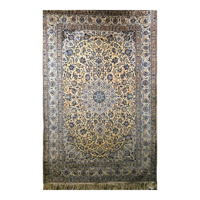 Vintage Nain Area Rug, Hand-Knotted Wool & Silk, Floral Pattern, 5x7, Ivory & Blue For Sale