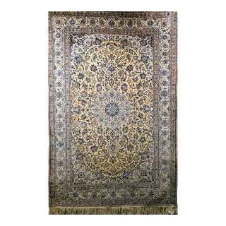 Vintage Persian Nain Area Rug, Hand-Knotted Wool & Silk, Floral Pattern, 5x7, Ivory & Blue For Sale
