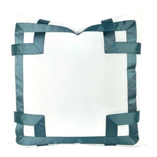 White With Dark Smokey Blue Ribbon Embellished Pillow Cover - 20" X 20" Fretwork Greek Key Ribbon Cushion Case For Sale