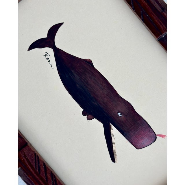 Rustic Original Hand-Painted Whale Painting in a Black Forest Style Frame For Sale - Image 3 of 3