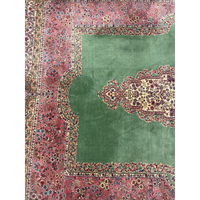 Vintage Persian Kerman Hand-Knotted Wool Rug in Green and Rose For Sale - Image 4 of 12