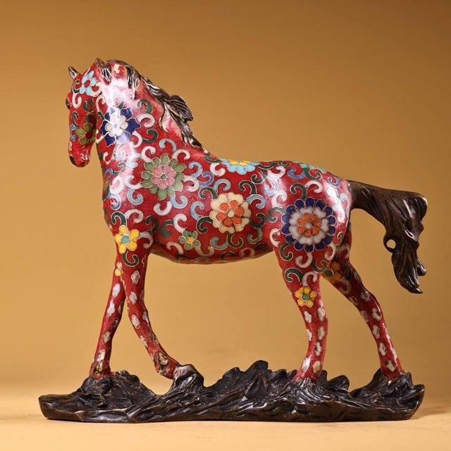 Traditional Gilt Bronze Cloisonné Enamel Horse Figure on Rockwork Base For Sale - Image 3 of 10
