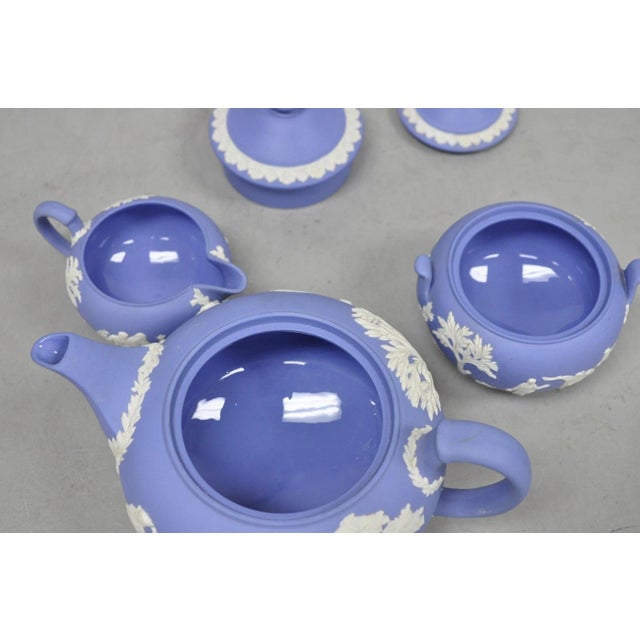 Antique Wedgwood Blue Jasperware Tea Set W/ Tea Pot Creamer Sugar Bowl 3 Pc Set For Sale - Image 14 of 15