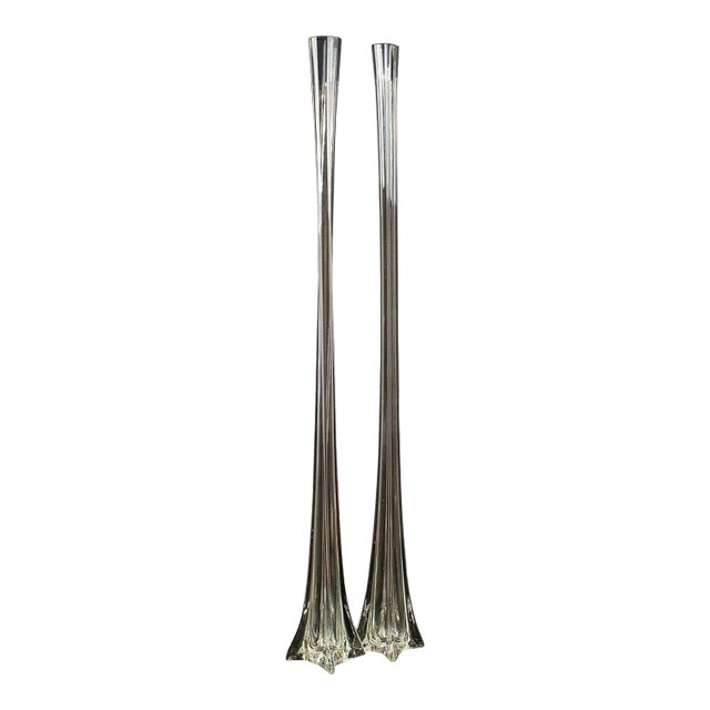 French Iris Tall Glass Gladioli Flower Vases - A Pair For Sale