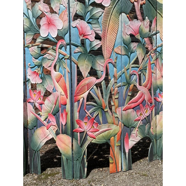 Pink Original 1950s MCM Hand Painted Flamingo Tropical 5 Panel Carved Wood Room Divider For Sale - Image 8 of 14